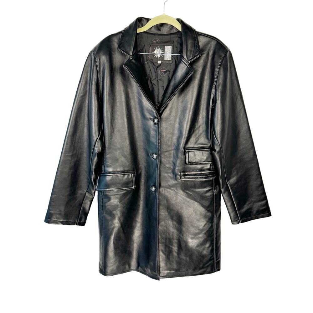 GV Black Glossy Faux Leather Pockets Button Up‎ Made in Italy Coat/Jacket Large